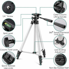 Pack Of 03 3.5 Feet Adjustable Tripod Stand for Mobile Phones and Cameras with Mobile Holder, Portable DSLR Stand for Vlogging, Universal Silver Model 3110 and Bag