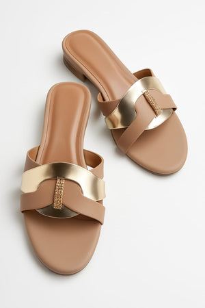 Women's Tan & Gold Embellished Flat Sandals