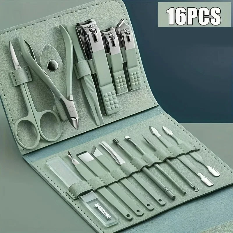 16pcs Professional Manicure & Pedicure Set – Nail Clippers, Cuticle Nippers & Grooming Tools with Travel Case (Random color)
