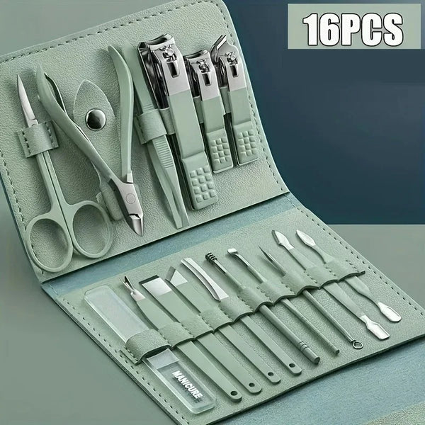 16pcs Professional Manicure & Pedicure Set – Nail Clippers, Cuticle Nippers & Grooming Tools with Travel Case (Random color)