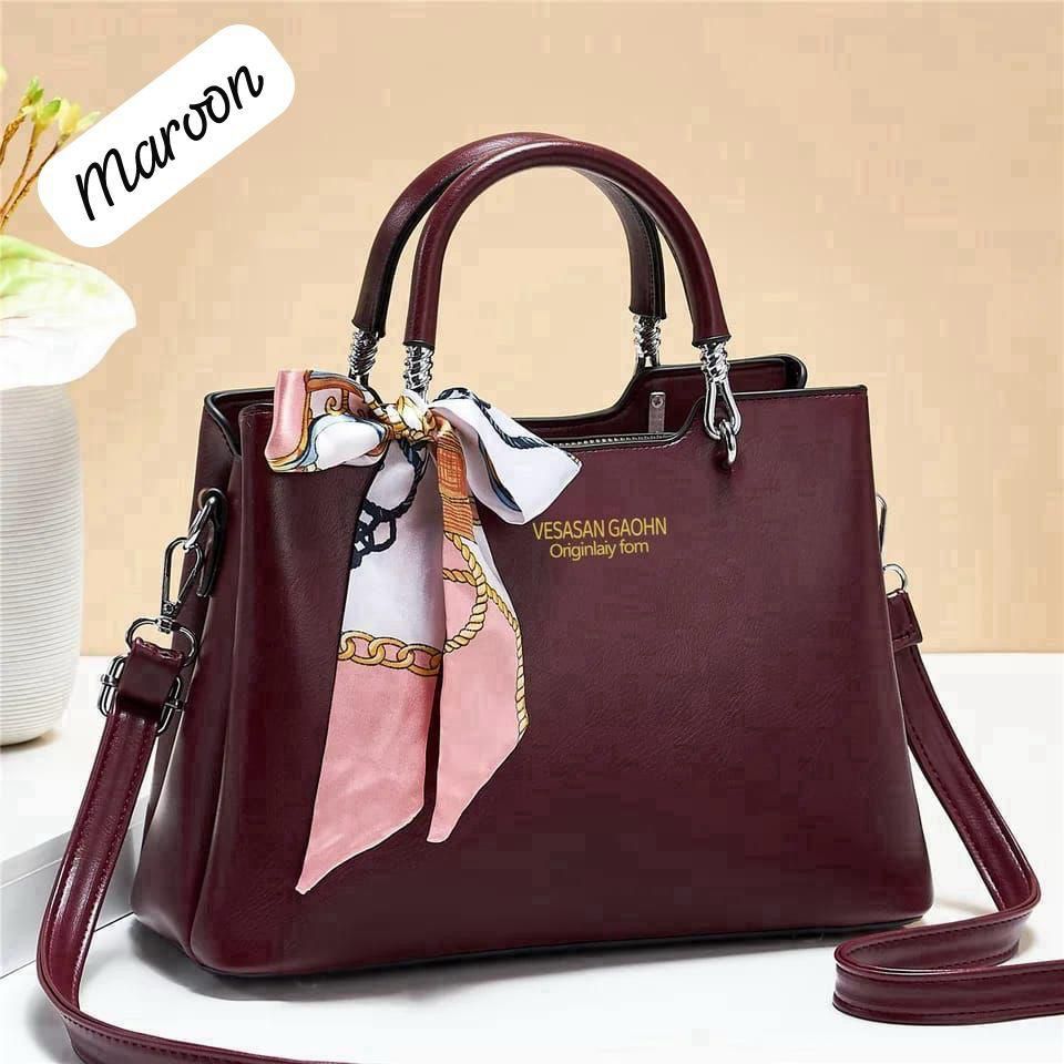 1Pc Vesasan Gaohn Faux Leather Handbag With Decorative Scarf Elegant Design Premium Quality - Black