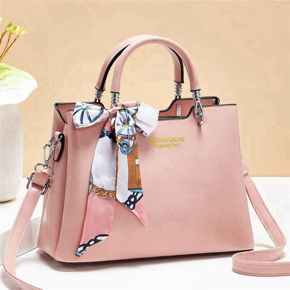 1Pc Vesasan Gaohn Faux Leather Handbag With Decorative Scarf Elegant Design Premium Quality - Black