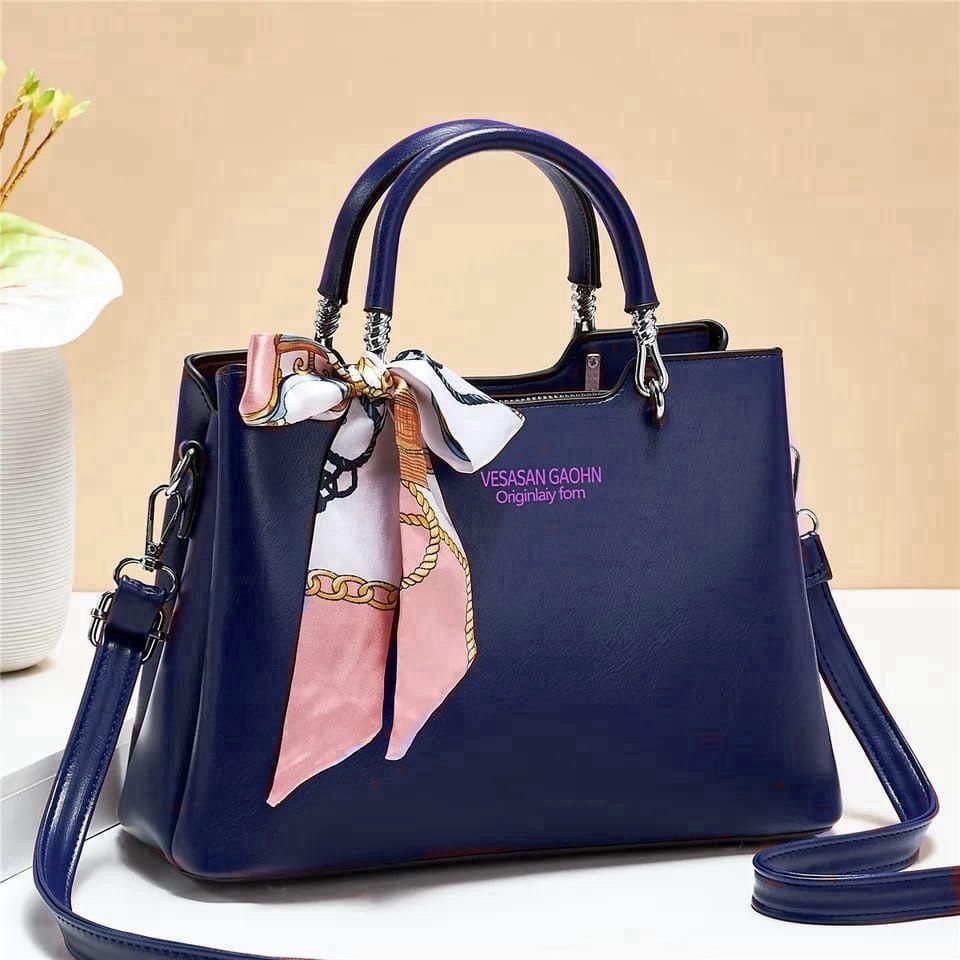 1Pc Vesasan Gaohn Faux Leather Handbag With Decorative Scarf Elegant Design Premium Quality - Black
