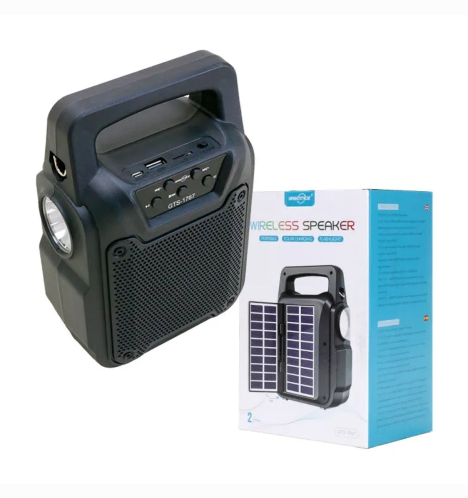GTS‑1767 Solar Wireless Bluetooth Speaker | MP3, FM Radio, SD Card, USB | LED Flashlight Portable