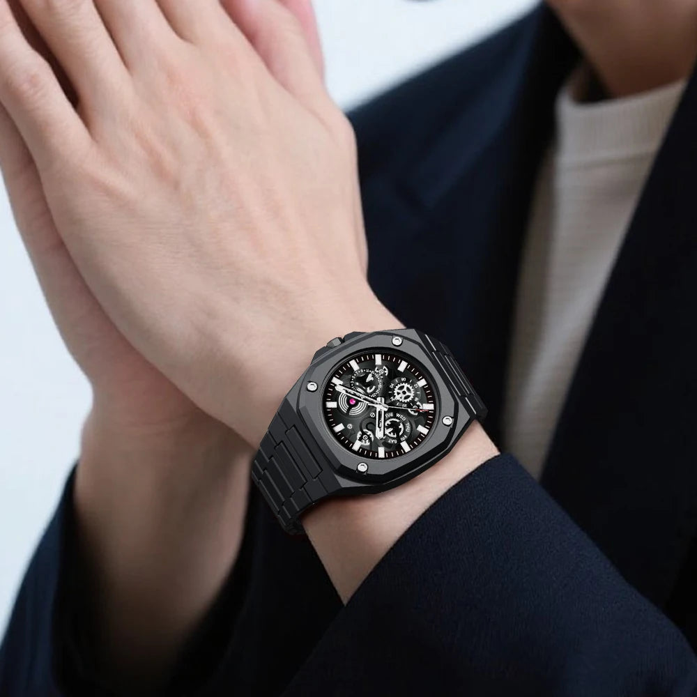 Premium Black Stainless Steel Waterproof Men’s Watch – Luxury Multi-Dial Design (With Box)