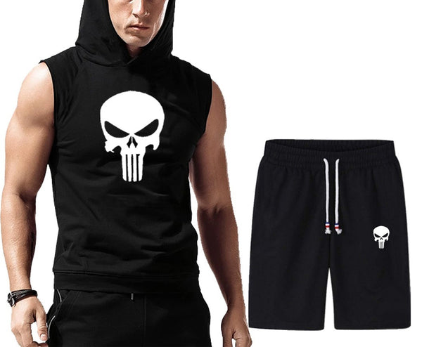 Men's Quick Dry Hooded+short Vest | Solid Black Color Fitness Training Muscle Workout Gym track suit for man - L
