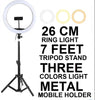 26CM LED Ring Light with Mobile Holder, 7ft Tripod Stand, 3 Light Colors, Dimmable USB Selfie Ring Light for Videography and Photography - Stand + Mobile Holder + Ring Light