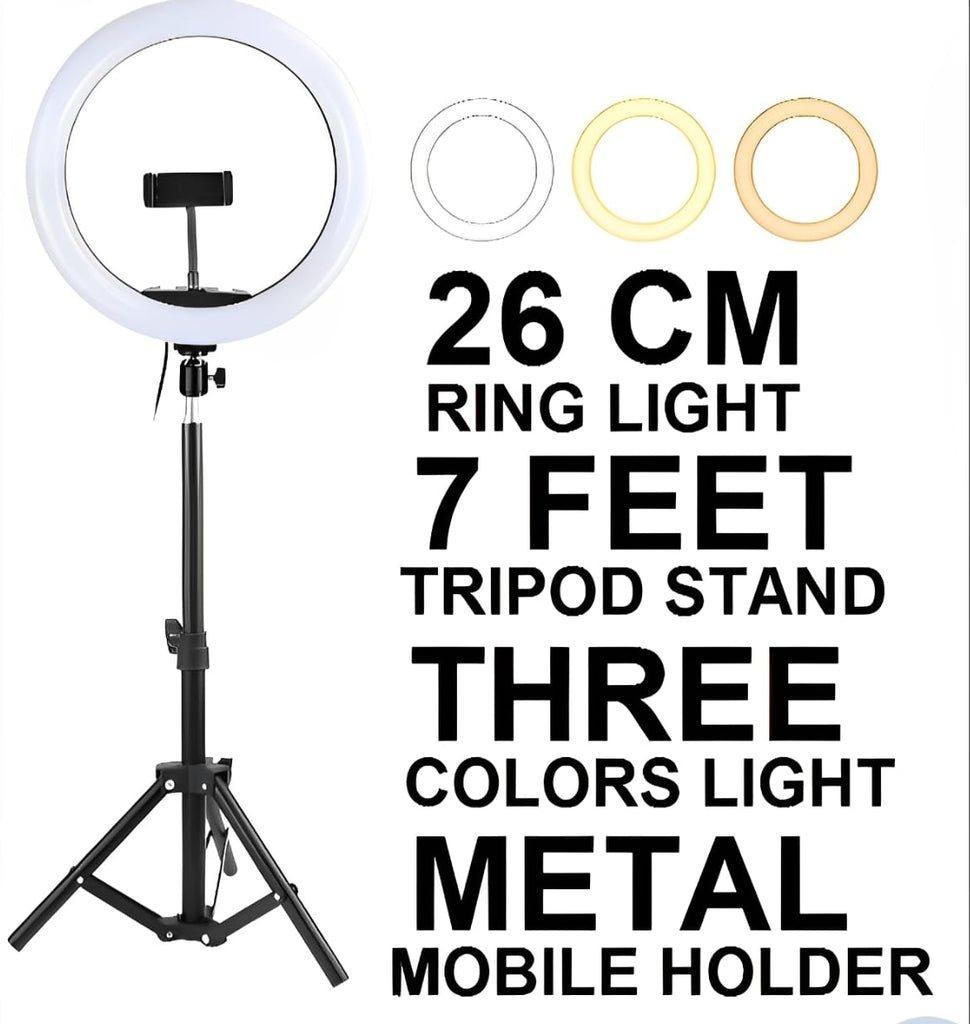 26CM LED Ring Light with Mobile Holder, 7ft Tripod Stand, 3 Light Colors, Dimmable USB Selfie Ring Light for Videography and Photography - Stand + Mobile Holder + Ring Light