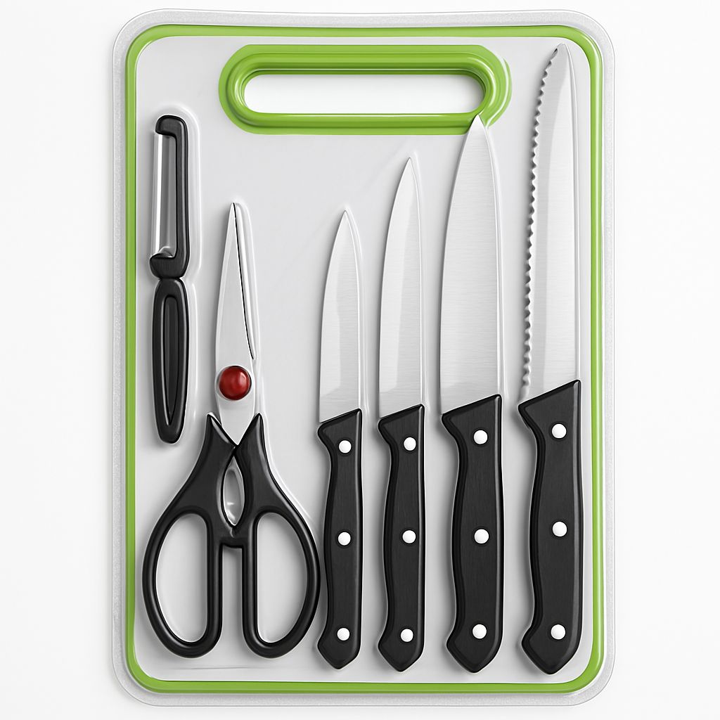 6 in 1 Stainless Steel Knives Set– For meat, bread, fruits, and vegetables | Kitchen Knife Set with Scissors, Peeler & Cutting Board – All-in-One Cooking Essentials with Ergonomic Handles & Sharp Stainless Steel Blades